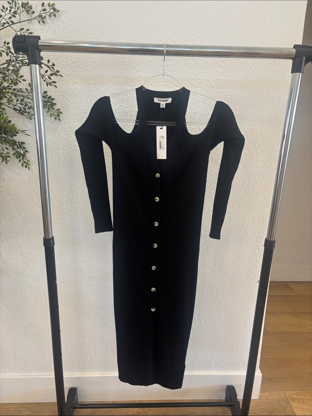 Steve Madden Black Ribbed Midi Dress with Button Front